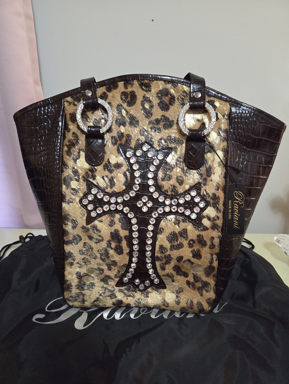 Raviani Leopard Print Tote with Rhinestone Cross and Dark Brown Accents